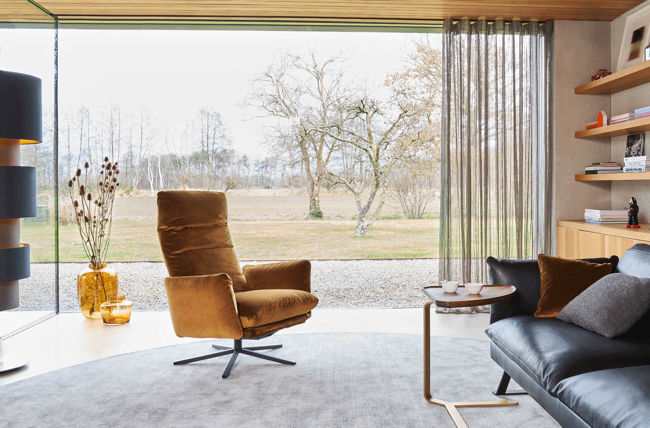 Polstersessel mit verstellbarer Rückenlehne im Wohnzimmer mit großer Fensterfront.