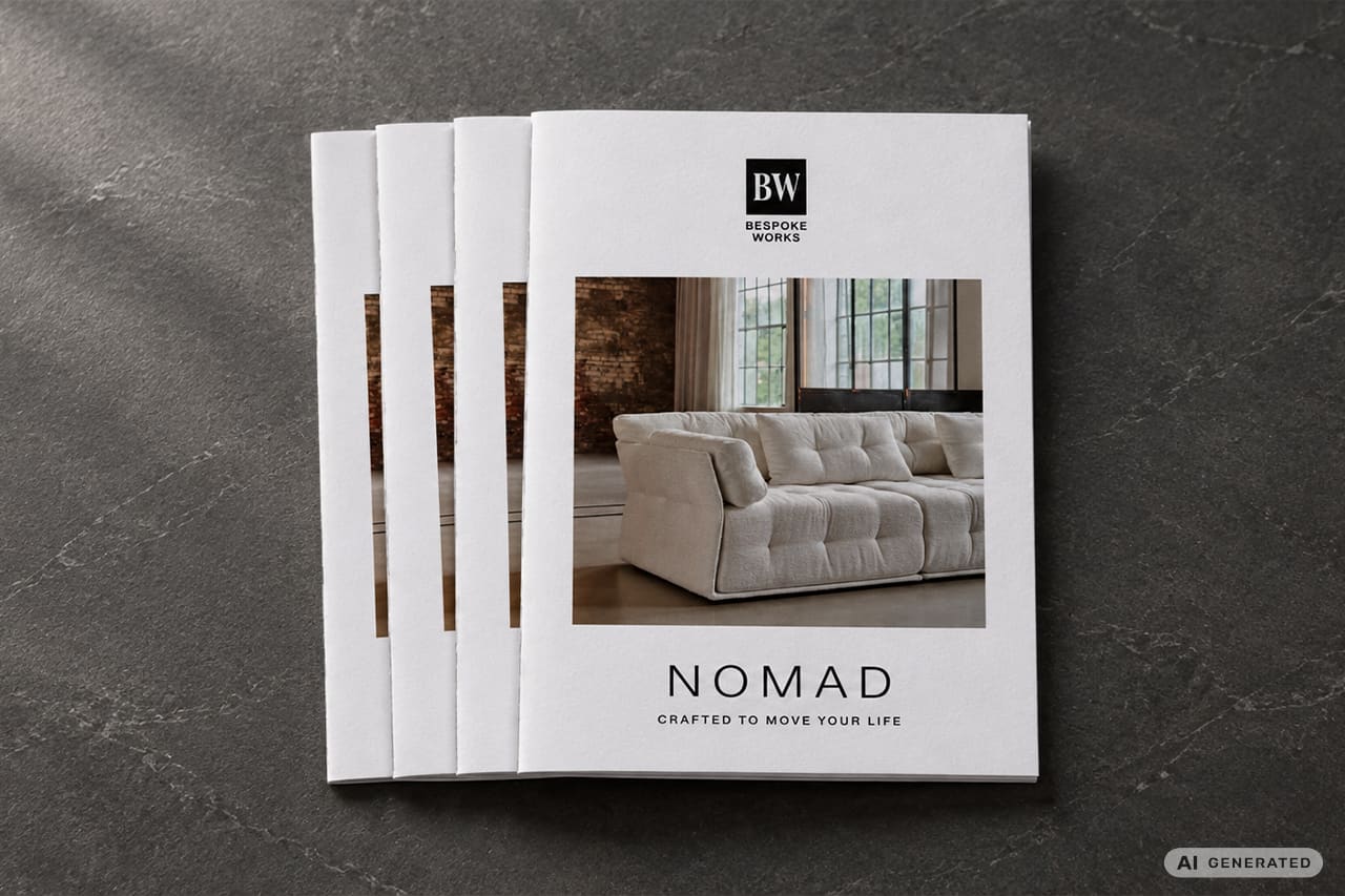 Broschüre mit weißem Sofa auf dem Cover