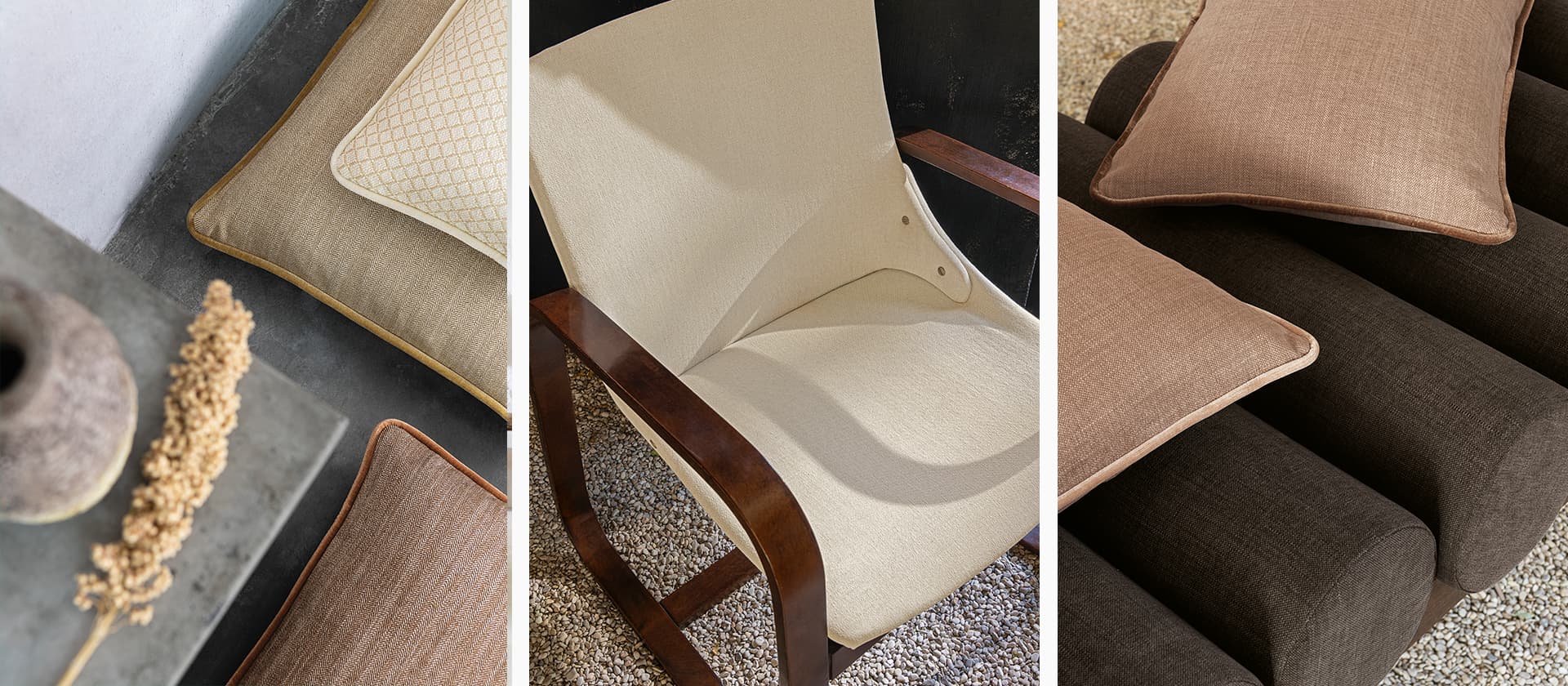 Die Bildcollage zeigt Bezugsstoffe in Beige und Braun. Sie präsentiert detaillierte Aufnahmen von Kissen und Stoffen sowie einem Sessel. Die Farben der verschiedenen Bilder harmonieren gut miteinander. 