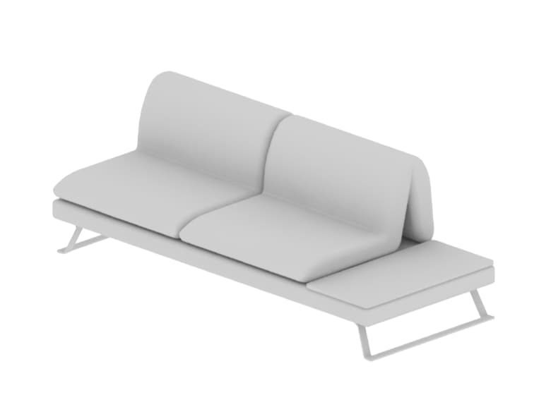 3d-Modell eines Anbauelements eines Sofas in weiß, bestehend aus zwei Sitzflächen, einer Lehne und einem angebrachten Tisch.