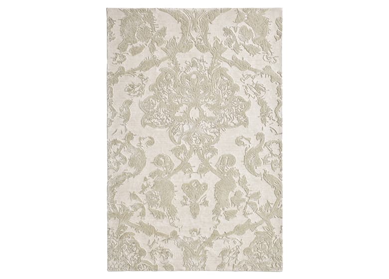weißes Teppichdesign, das gebrochene orientalische Ornamentik in minimalistischer Form neu interpretiert