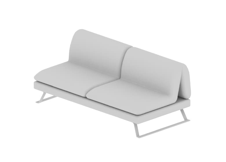 3D-Modell eines Anbauelements eines Sofa in weiß. Das Element besteht aus zwei Sitzflächen und einer Lehne.