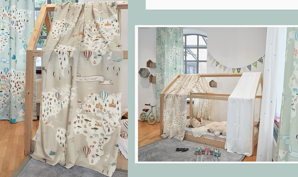 Gardine mit Weltkarte im Kinderzimmer