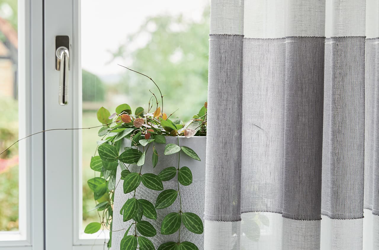 Eine grau-weiß gestreifte Gardine am Fenster und eine Zimmerpflanze.